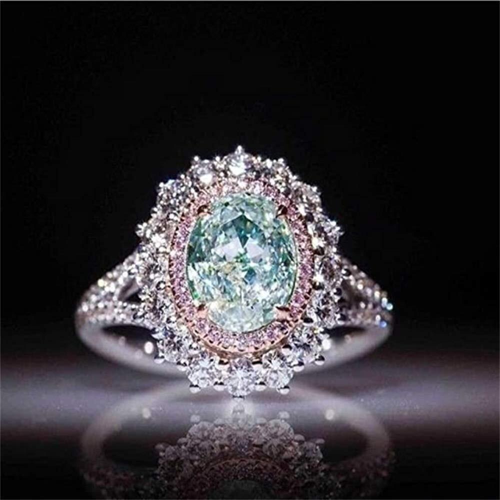 1718 925 Sterling Silver Sparkling Pink Crystal Diamond Ring Inlaid Green